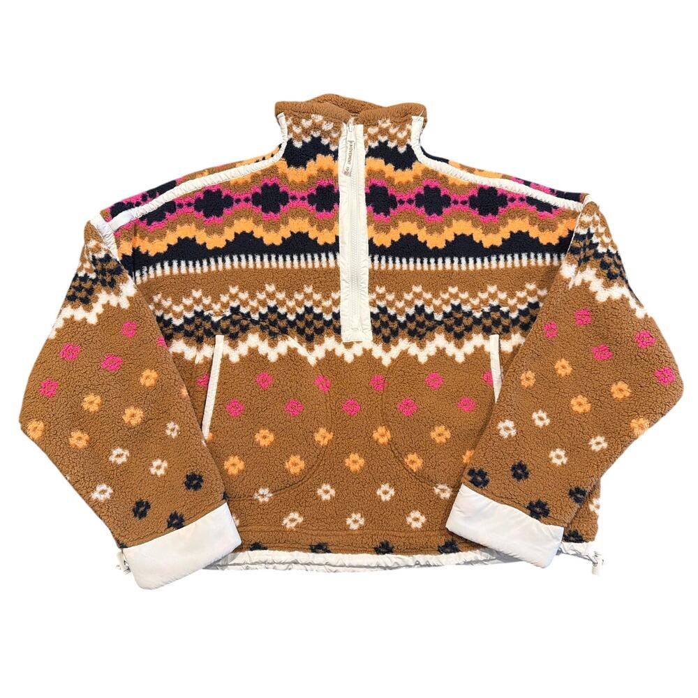 NWT Free People Movement Printed Sherpa Fleece Pullover, Brown, Women's Medium,